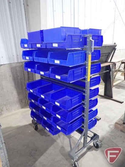 Plastic organizing bins on steel rack with wheels, 36"w x 24"l x 59"h