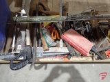 Hand tools; squares, hammers, hacksaws, chain wrench, screwdriver bits, socket set
