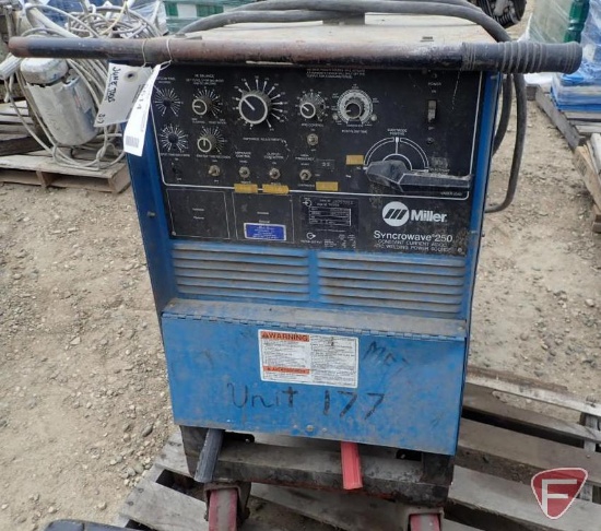 Miller Syncrowave 250 welder on wheels, AC/DC, 230/460v, single phase, includes tank rack