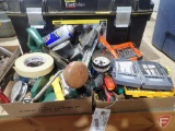 Stanley tool box, miter saw, drill bits, tape, screw drivers, brace drill, tape measure