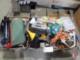 Garden tools, clamps, funnel, Black & Decker sander, socket sets, caulking gun, drill, corner clamp