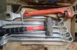 Claw hammer, hammer, pipe wrench, combination wrenches 1-3/8