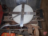 300' measuring tape, pipe wrench, tin snip, brace and bit drills, prybar, hacksaw, hammers