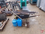 True Temper wheelbarrow, 6 cubic foot, (2) blue 5 kerosene cans, vintage 12