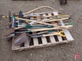shovels, fork, rake, pruning shear, sledge hammer, scythe