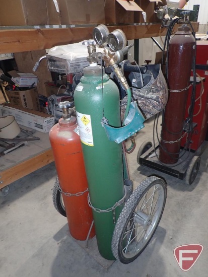 Torch kit on cart, acetylene oxygen tank, Airco gauges