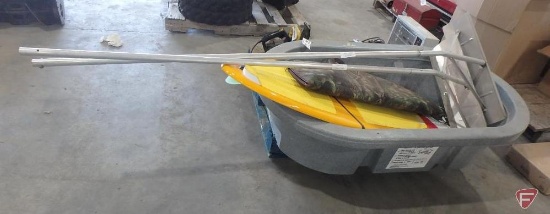 Plastic tub and contents; snow rakes (2), youth compound bow, wakeboard