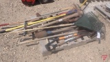 Rakes, shovels, saw, post hole diggers, maul, axe; contents of pallet