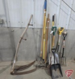 Garden tools; shovels, rakes, scythe, forks