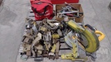 STRAP RATCHETS, MITER SAW, HAND TOOLS, FIRST AID BAG; CONTENTS