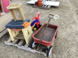 TOY WORKBENCH, TRIKE, RADIO FLYER WAGON