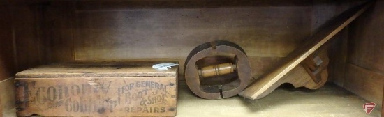 Wood boot and shoe repair box, 15"l; wood mantle clock shelf, wood hat stretcher
