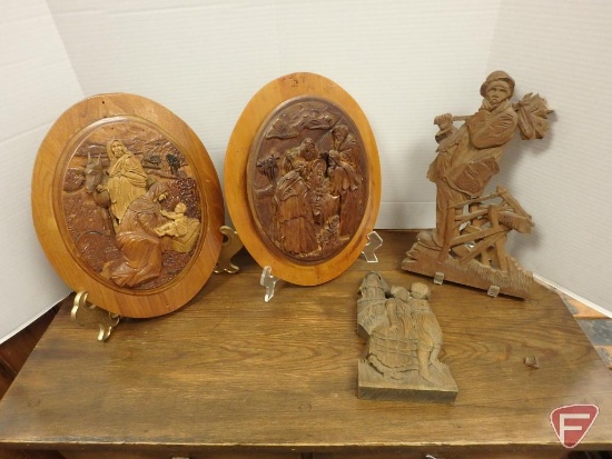 Wood carved pieces: (2) religious, woodsmen, Holland boy and girl (windmill has damage)