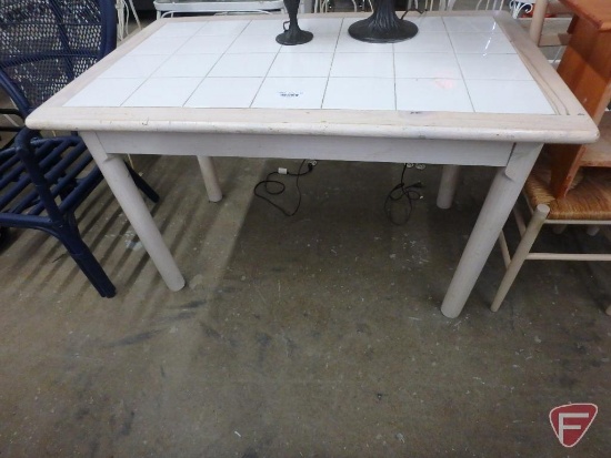 Ceramic topped table, 48"w x 30"d x 31"h, (2) chairs, wood bench, wicker plant stand. 5 pieces