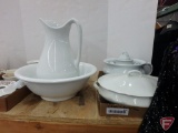 White dishware, assorted makers, some Ironstone, bowl has crack