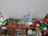 Christmas/Holiday: battery-operated ornaments, beaded garland, fiber optic village house