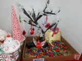 Christmas/Holiday: lighted floral tree, beaded garland, elves, battery-operated trees, decorations
