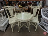 Off white wicker table, tray and (2) chairs