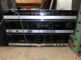 Magnavox stereo, tuner, amplifier, cassette player, Sony speakers, fan, Coors Silver Bullet sign
