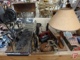 Metal and wood items: candle holder with shelf, candle molds, clamp on wood ironing board, lamp,