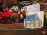 Christmas/Holiday: decorations, musical bakery village piece, garland, battery-operated snowman,