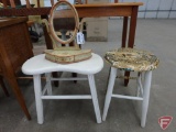 (2) stools, vintage 2-drawer stand, tabletop mirror