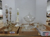 Vintage table lamps, candle holders, covered pedestal dish. 2 boxes