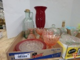 Glassware: ruffled top vases, pink depression, painted, flower ring, glass fish. 3 boxes