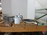 La Crescent fry pan, Wagner cast iron and glass corn bread pans, Wagner kettle.