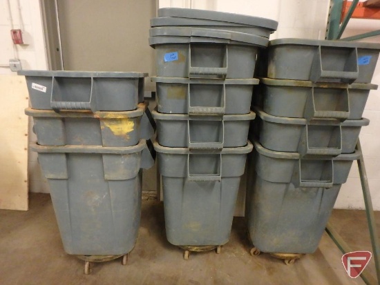 (11) Rubbermaid polycontainers with (3) caster wheels and (5) lids, 23"w x 23"l x 28"h
