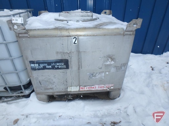 Approx. 250 gallon stainless steel tank with drain valve