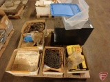 Roller chain-asst. sizes; steel cabinet with misc hardware-keystock, pipe fittings, fuses