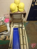 (4) Poly Folding tables, rolling metal table, (7) hard hats, (3) storage containers