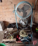 (2) fans, come alongs, bungee cords, rope, nylon straps, convex mirror; contents of pallet