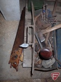 Hand saws, auger bits, rubber hammer, wonder bar, drive ratchet, tool box
