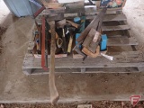 Level, hammers, hatches, axe, hand saws, square, pry bar, wedge
