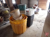 Plastic barrels, 5 gallon buckets, (6) garbage cans