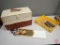Fish cleaning board, glove, fillet knives (2), large tackle box (empty), 5 tine spear head