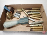 .50 BMG dummy rounds, .30-06 dummy rounds, cast iron bomb case, dummy grenade, artillery fuse