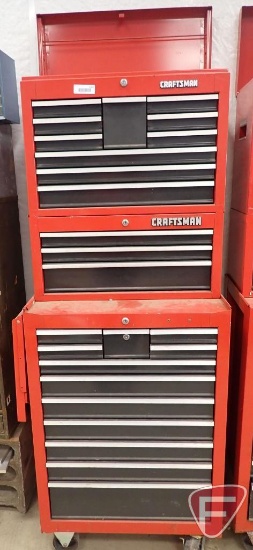 Craftsman tool box set; 10 drawer top chest, 3 drawer center box, 12 drawer bottom, side shelf