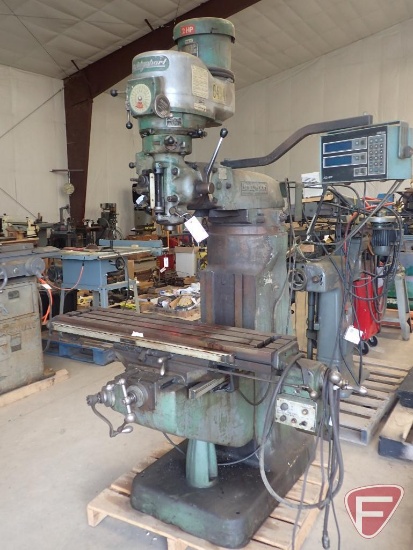 Bridgeport J head vertical mill, 42"x9", variable speed spindle, Acu Rite X-Y DRO, power crossfeed