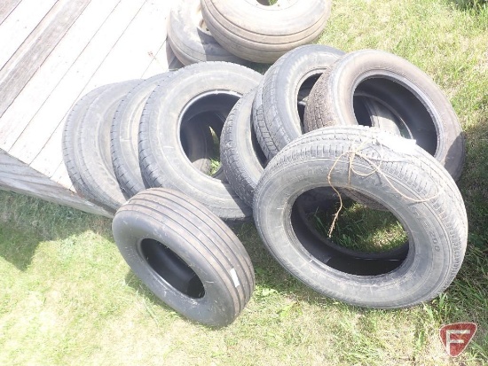 (4) P265/70R17 pick up tires, (4) P205/70R15 car tires, (1) new Firestone 8.5LX14 implement tire