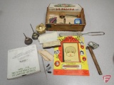 Glass syringes, small metal case oil cans, advertising items, Doodle Poodle