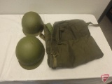 Military helmets with liners, duffel bag