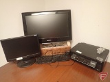 Samsung computer monitor, Epson printer, keyboard, HannsG monitor