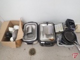 Coffee pots, roasters (2), tub of frying pans, deep fryer baskets, plastic beer pitcher