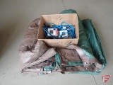 Tarps, extension cord, work light, deck screws
