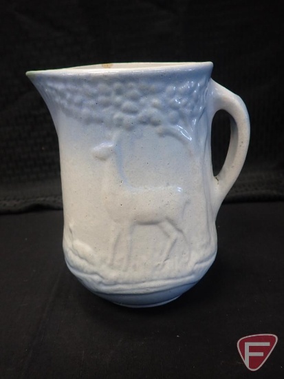 Blue/white pitcher, doe and fawn design, 8.5"h