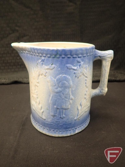 Blue/white pitcher, boy and girl design, 6.5"h
