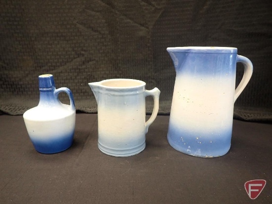 Diffused blue pitchers and cruet, tallest pitcher is 9"h. 3pcs
